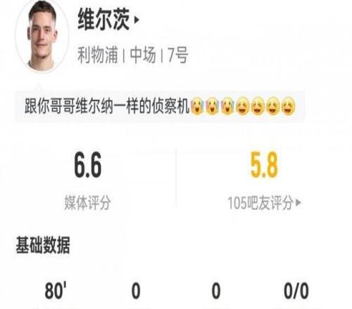 还要适应强度!维尔茨英超首秀:18次丢失球权3次关键传球评分6.6