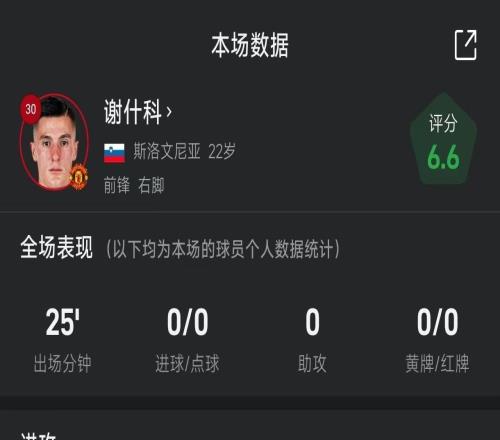 谢什科战阿森纳全场数据:出战25分钟,2脚射门0射正