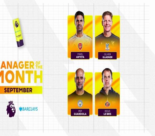 英超九月最佳教练候选：瓜迪奥拉、阿尔特塔、格拉斯纳入围
