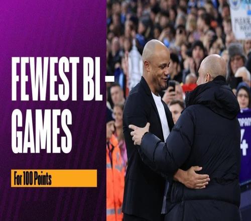 孔帕尼执教德甲积分突破100分只用了40场,仅次于瓜迪奥拉