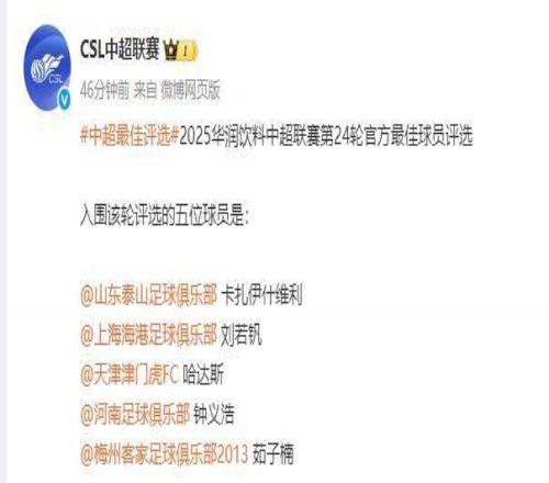 中超第24轮最佳候选:卡扎伊什维利刘若钒在列
