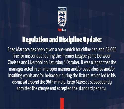 官方：马雷斯卡因对阵利物浦时染红被禁赛1场+罚款8000镑