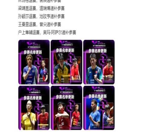 WTT蒙彼利埃冠军赛参赛球员更新：孙颖莎、王楚钦等人退赛