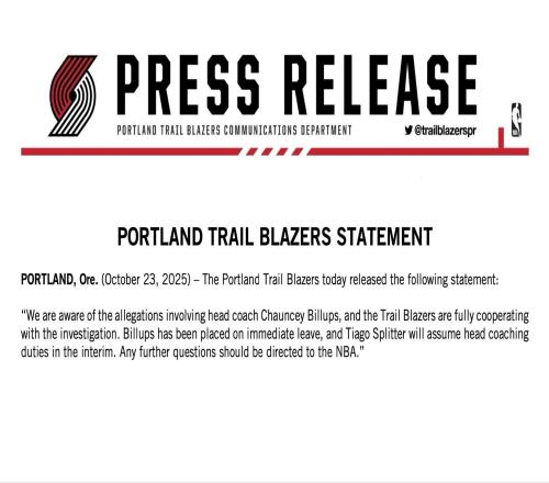 开拓者官方:比卢普斯目前已被停职,球队正全力配合调查