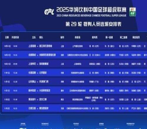 中超第29轮裁判安排出炉！