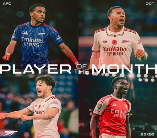 阿森纳10月最佳候选：加布里埃尔、赖斯、萨卡、廷贝尔