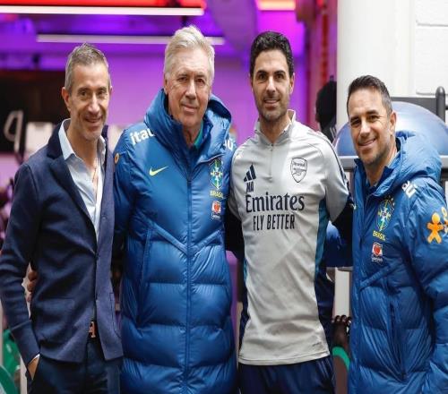 巴西队在阿森纳基地训练，安切洛蒂与阿尔特塔会面并合影