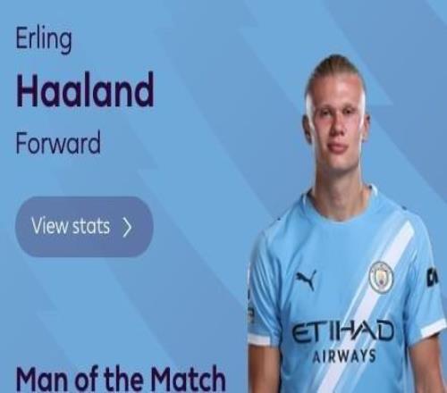 达成英超百球里程碑，哈兰德当选富勒姆vs曼城全场最佳球员