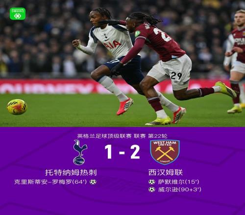 剑南春丨热刺12遭西汉姆联补时绝杀，威尔逊打入制胜球