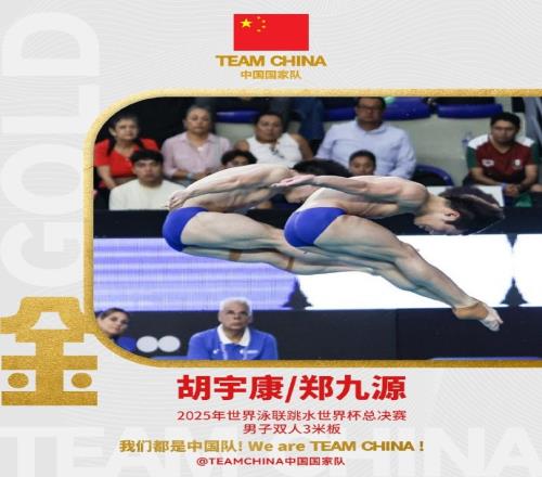 梦之队!胡宇康郑九源3米板夺冠,收获跳水世界杯总决赛首金