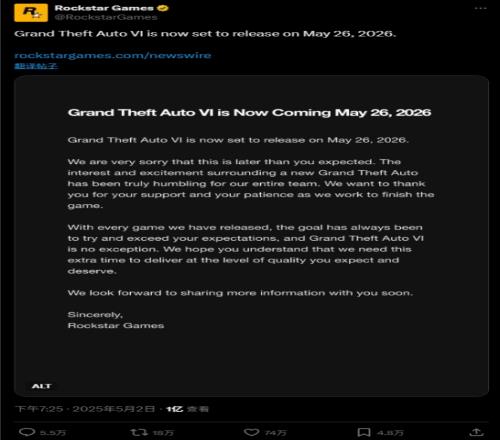 这就是顶流!《GTA6》跳票公告引爆全网浏览量累积破亿