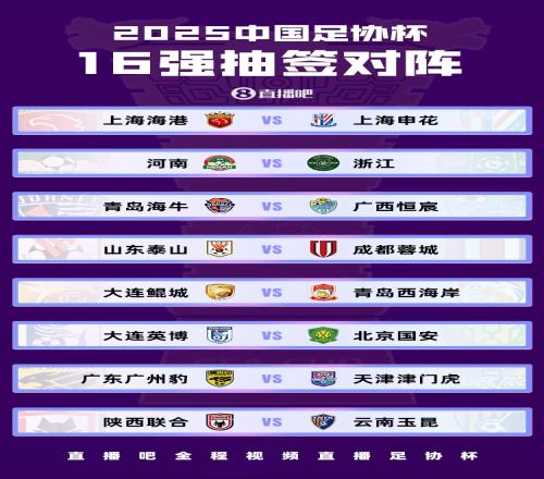 足协杯16强对阵:海港vs申花、泰山vs蓉城均上半区,英博vs国安