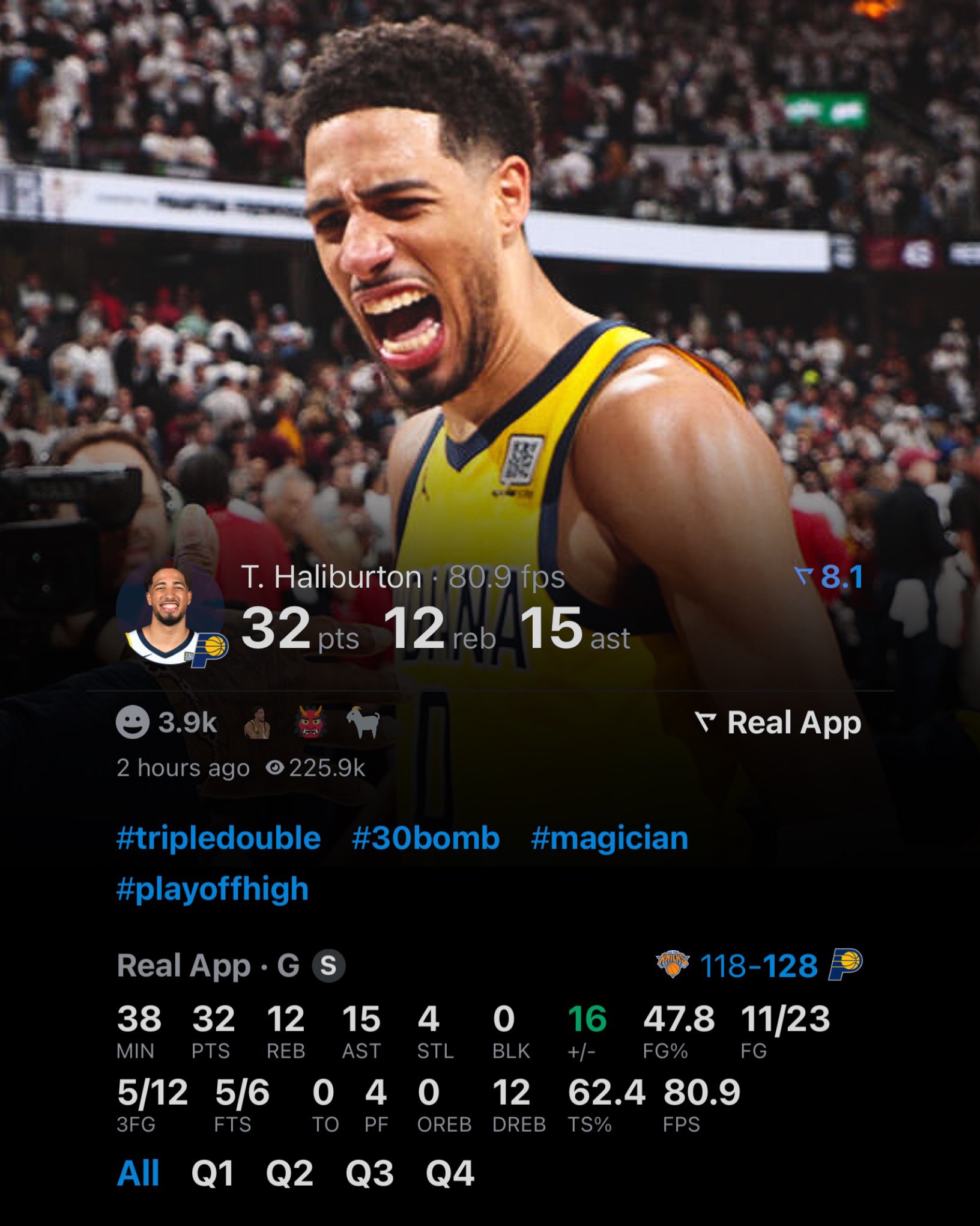 哈利伯顿至少30分10板15助+0失误!NBA季后赛历史第1人!