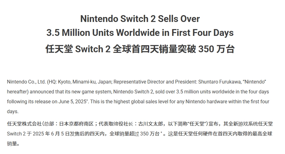 任天堂官宣:NS2发售前四天的全球销量突破350万