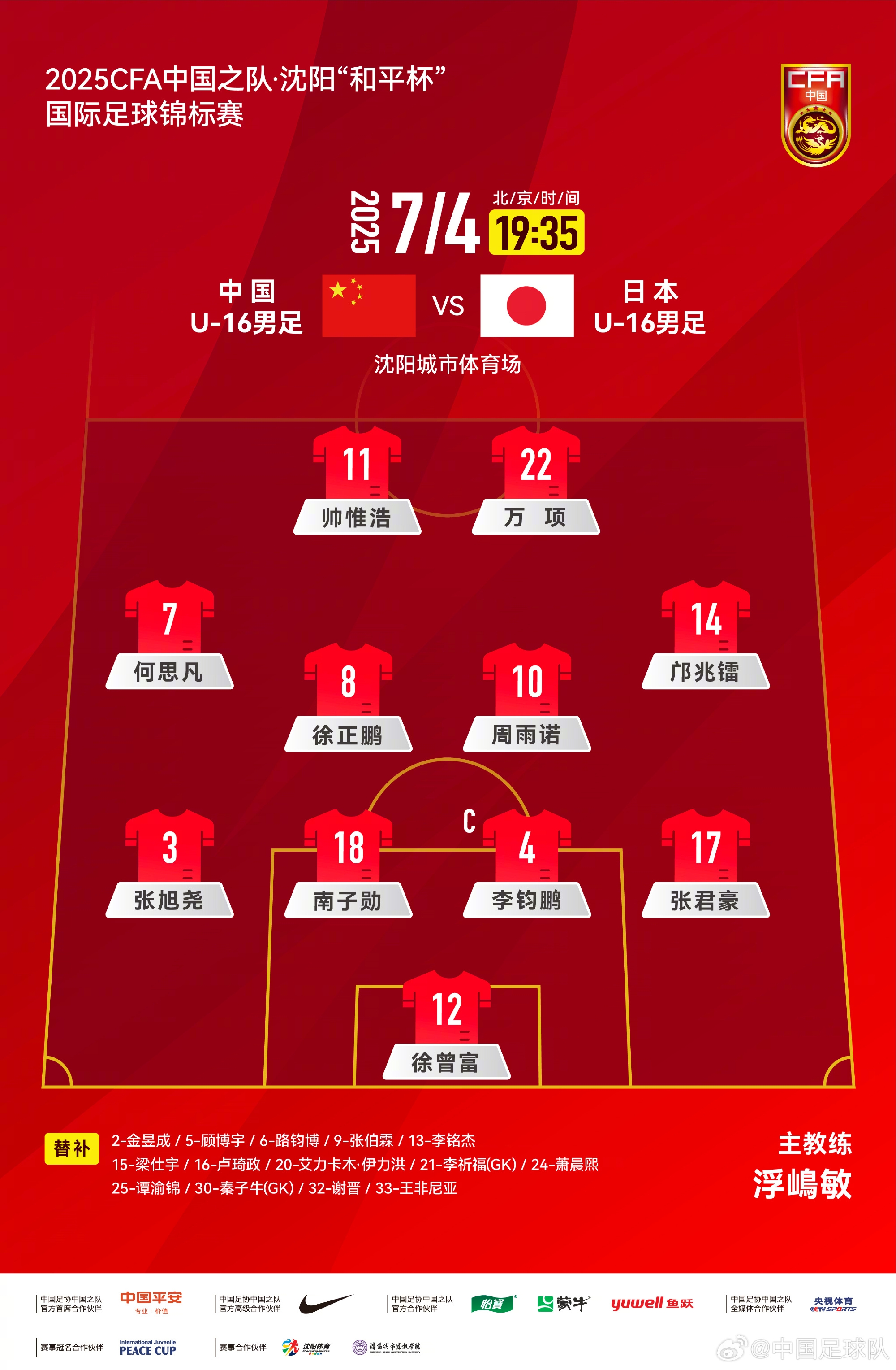 中国U16男足VS日本U16男足,中国队首发阵容