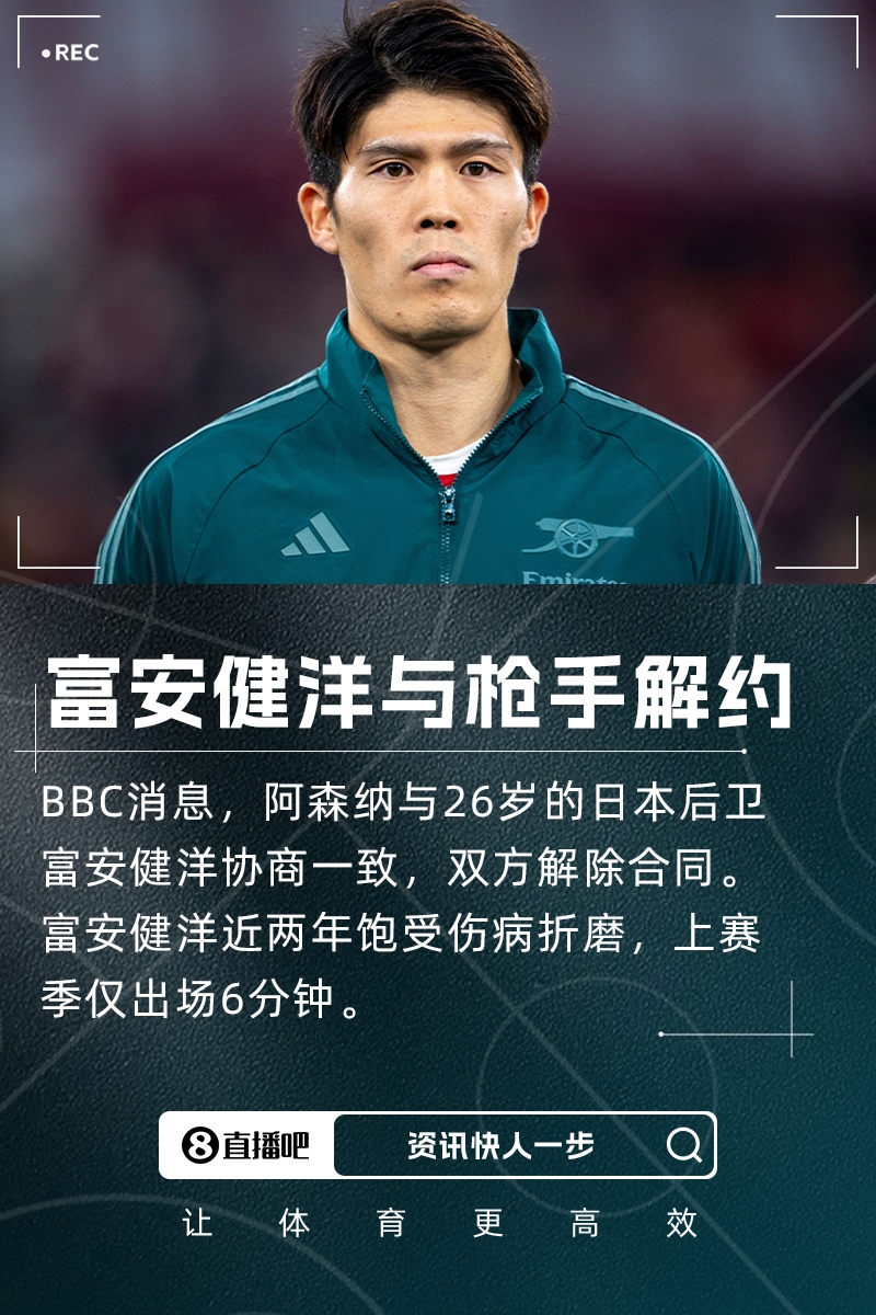 上赛季出场6分钟！BBC：阿森纳与富安健洋解约球员还需养伤5个月