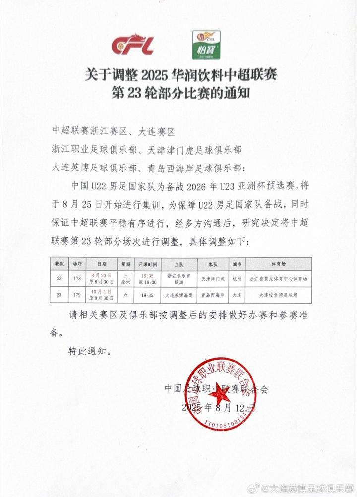 中超赛程因U23亚预赛调整，媒体人：这