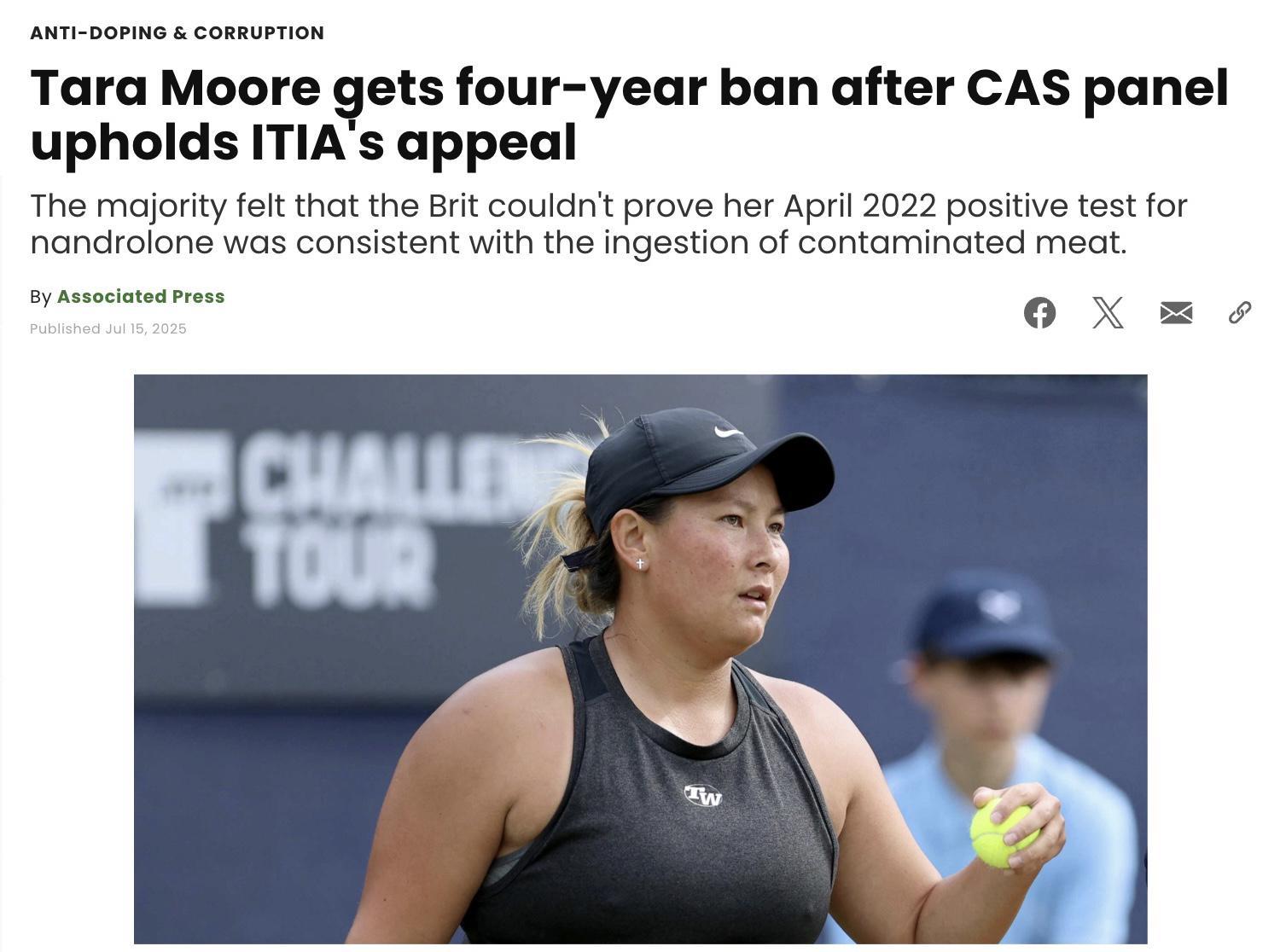 从“无罪”到禁赛四年：英国网球选手摩尔向WTA索赔2000万美元