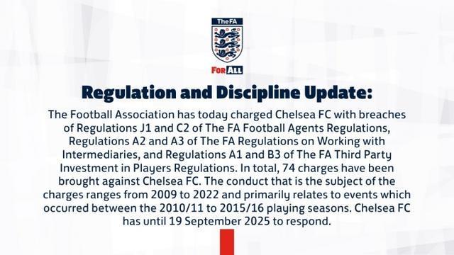 英足总官方：对切尔西提起74项财务指