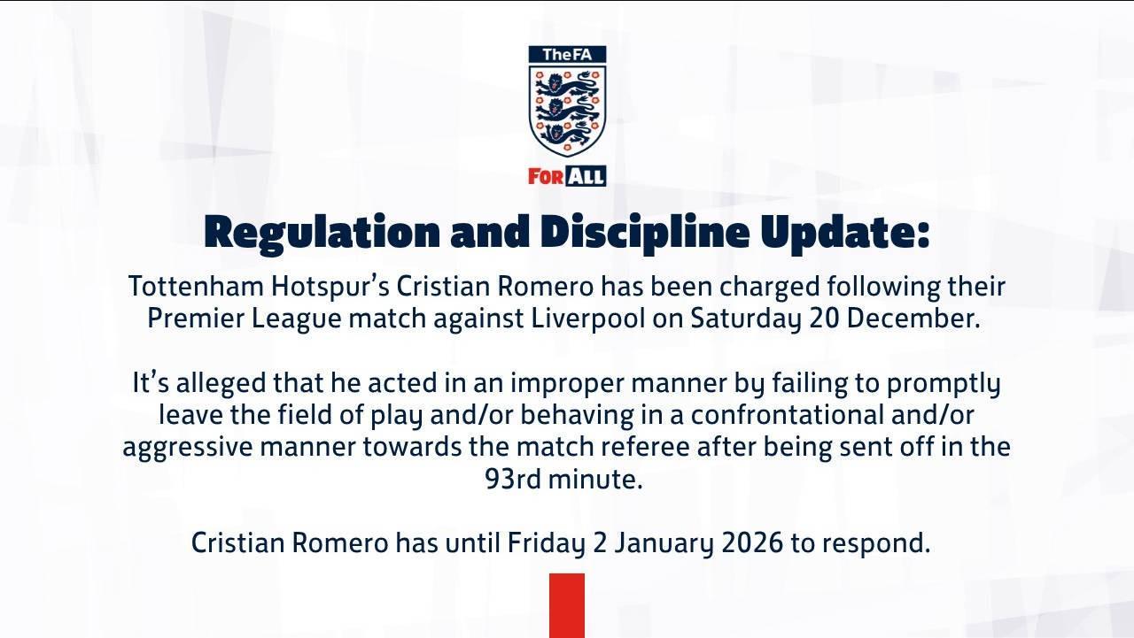 官方：罗梅罗因对利物浦染红后攻击性