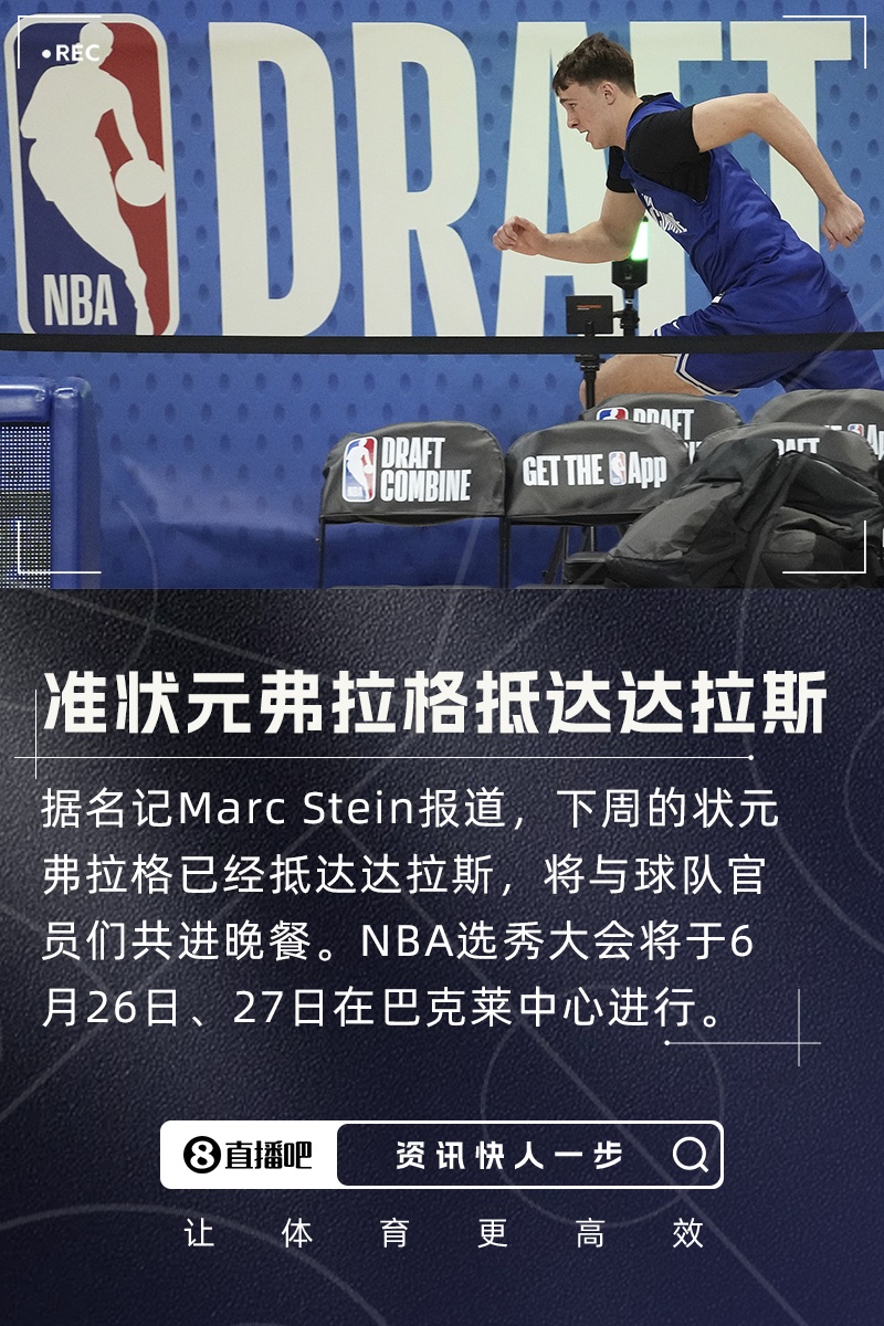 Stein:下周的状元弗拉格已抵达达拉斯将与球队官员共进晚餐