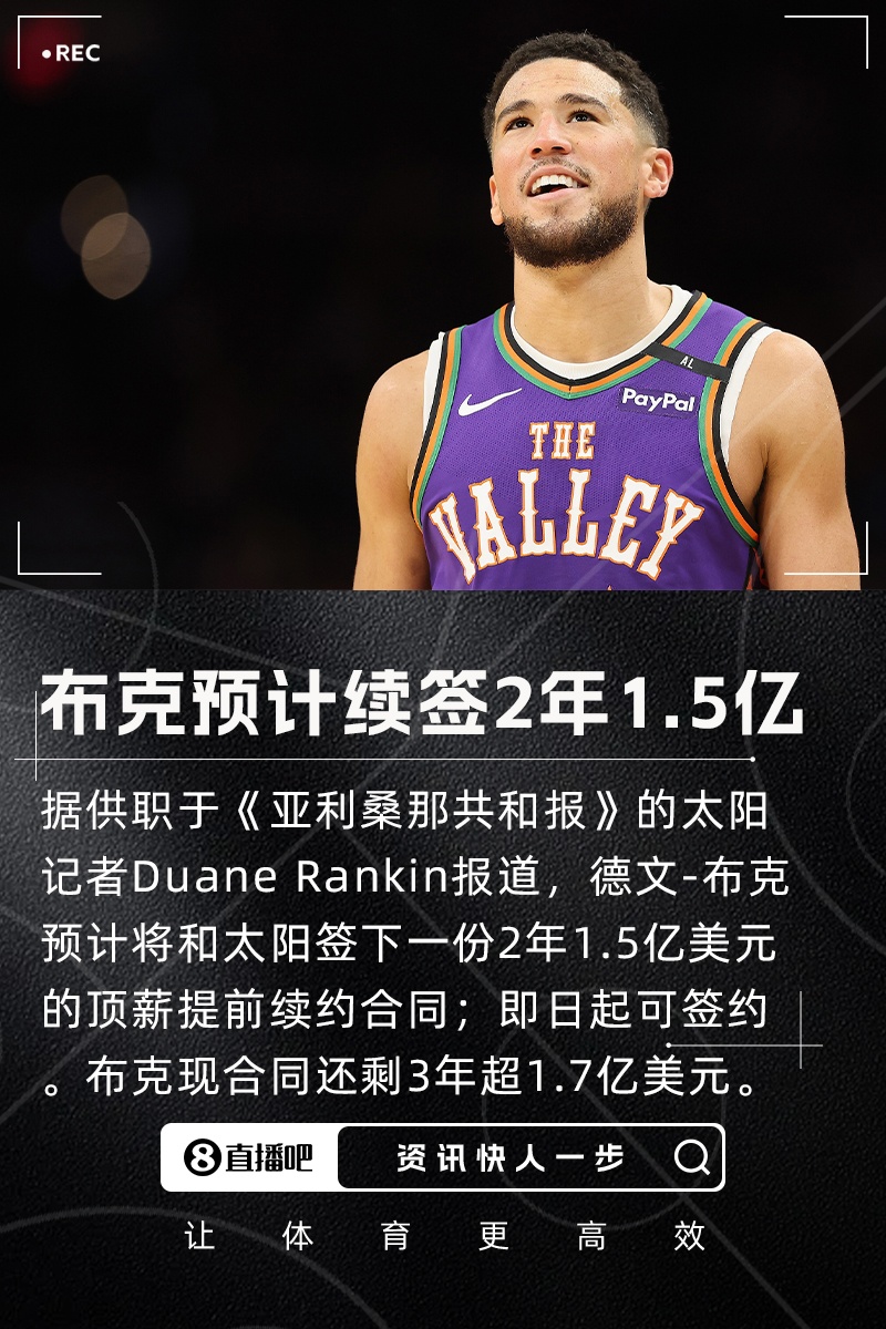 即日起可落笔布克预计和太阳签2年1.5亿合同现合同剩3年超1.7亿