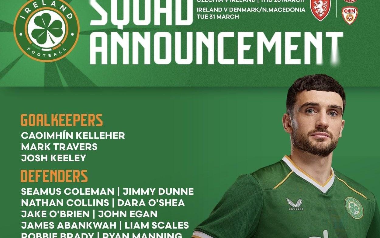爱尔兰队新一期大名单：帕罗特、内森科林斯、凯莱赫在列