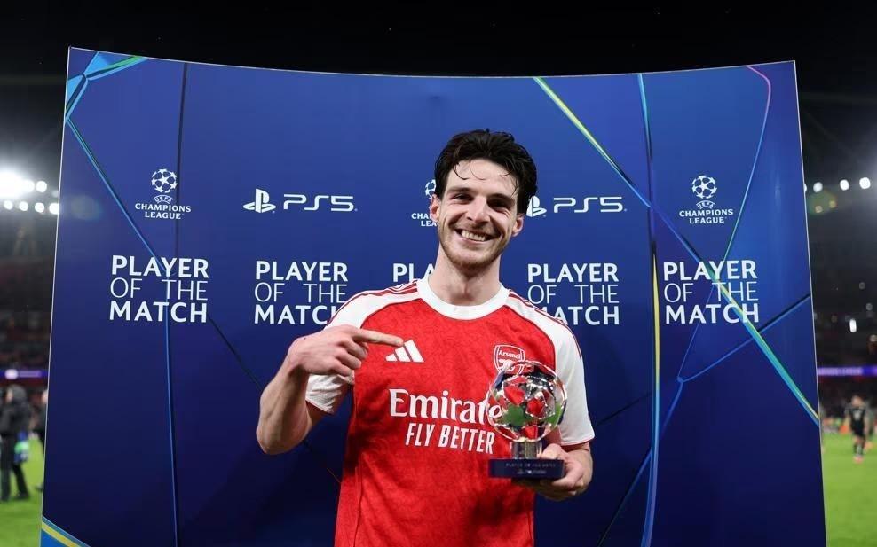 中场核心，赖斯当选阿森纳vs拜仁全场最佳球员