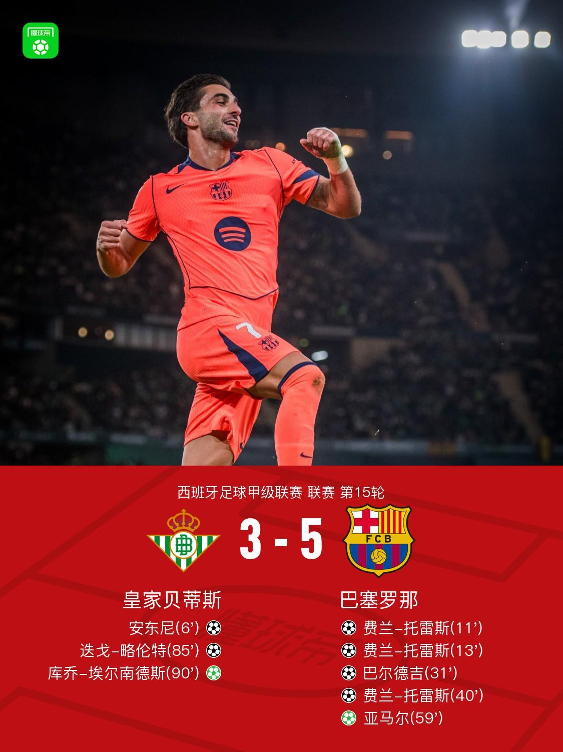 剑南春巴萨53贝蒂斯迎西甲6连胜，费兰戴帽，亚马尔点射