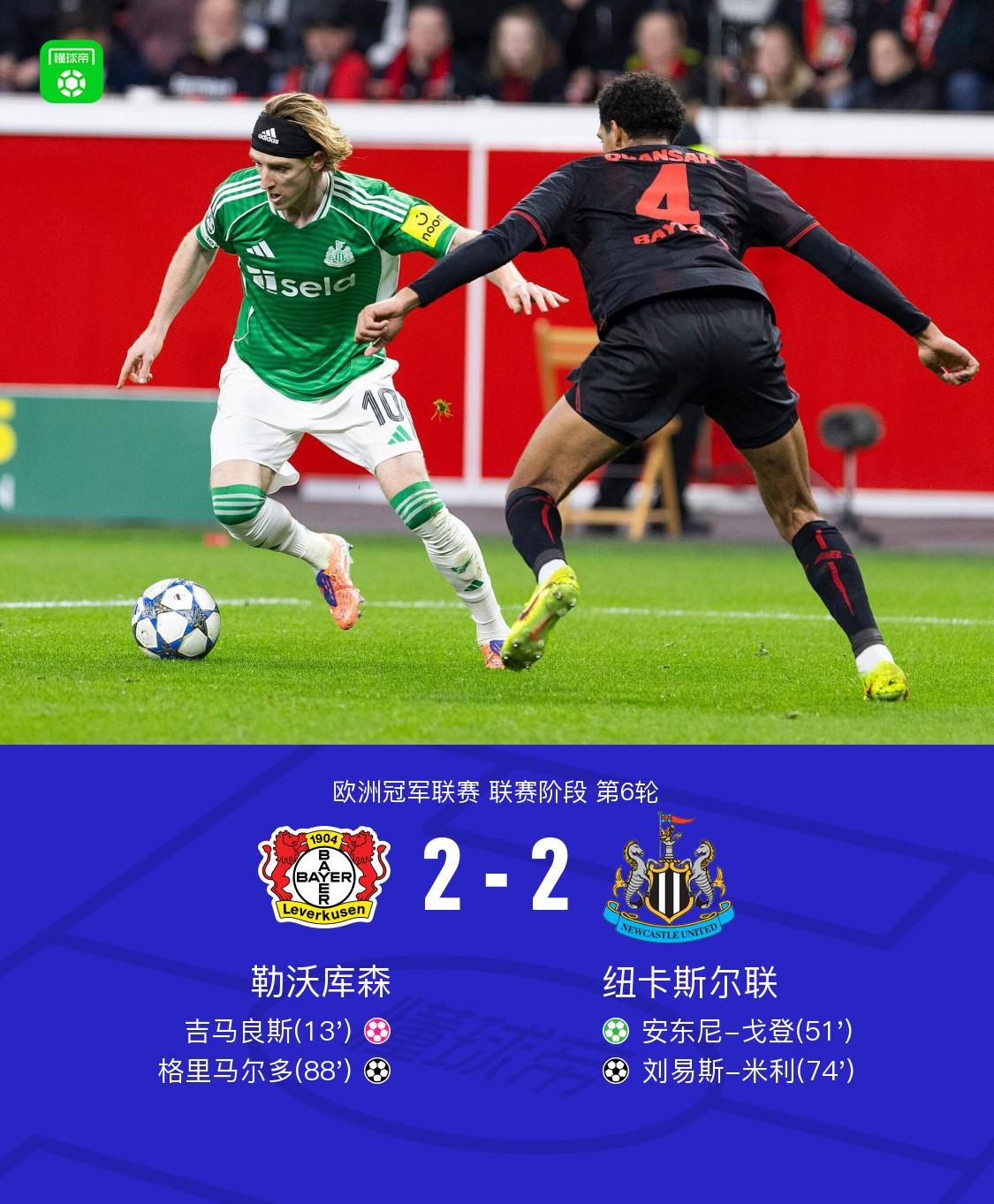 勒沃库森22纽卡，戈登传射，吉马良斯乌龙，米利、格里马尔多破门