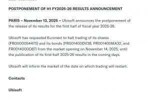 整大活育碧在原定财报发布前几分钟推迟发布财报并暂停股市交易