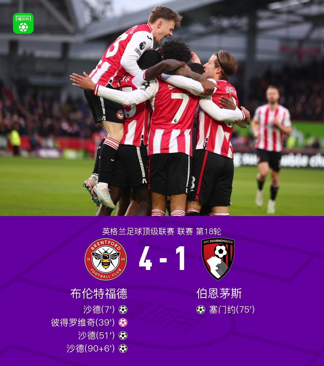 布伦特福德41伯恩茅斯，沙德戴帽，彼得