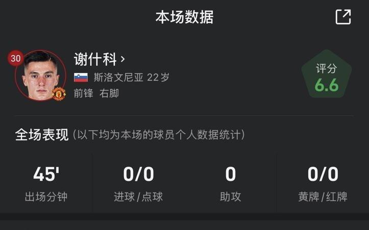 谢什科vs切尔西数据：半场0射门0过人
