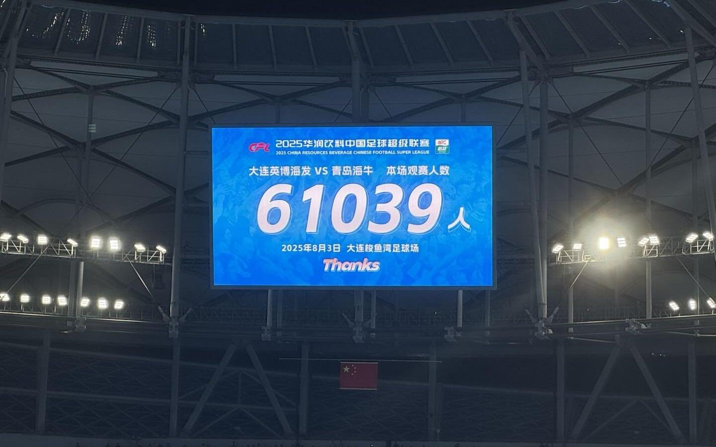 爆满，大连英博主场战青岛海牛共有61039人现场观战