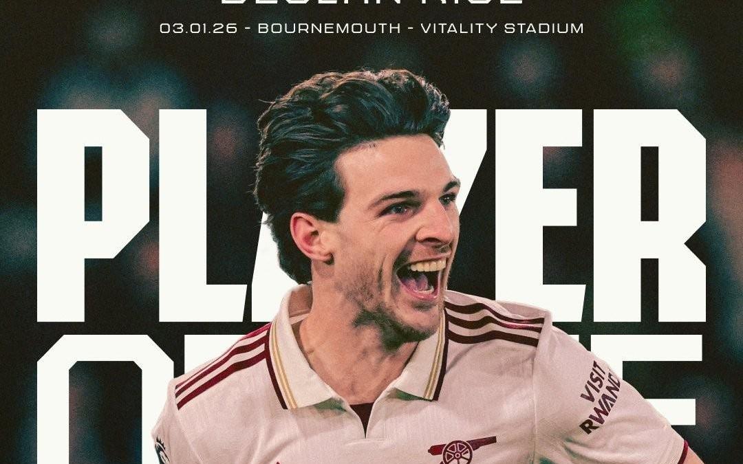 阿森纳官方：赖斯当选为与伯恩茅斯一