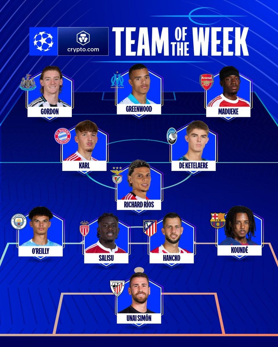 欧冠本周最佳阵容：马杜埃凯、孔德、