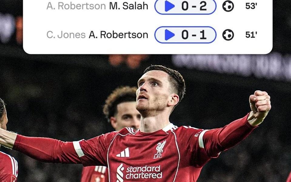 传射建功，罗伯逊自2021年12月以来首