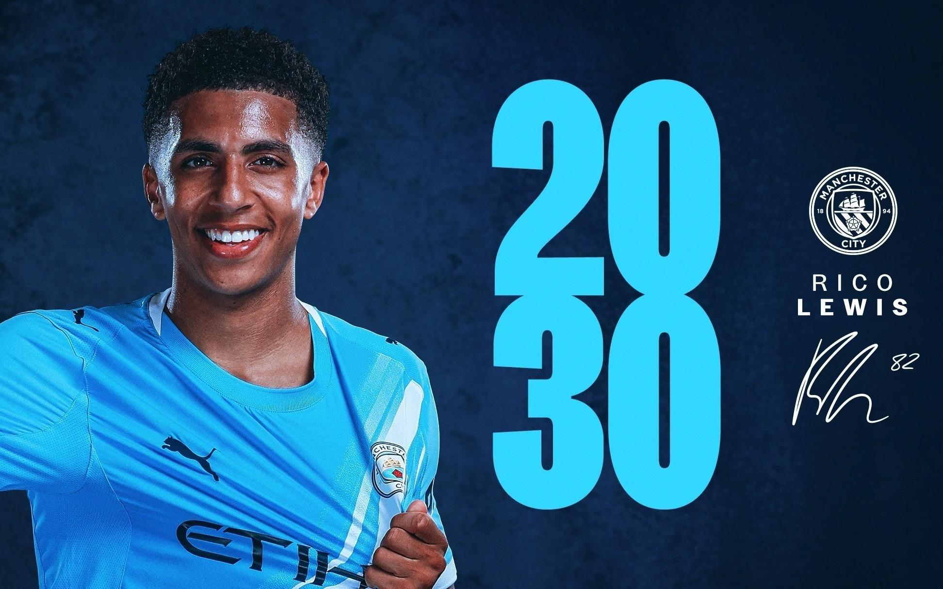 官方：曼城与后卫里科刘易斯续约至2030年