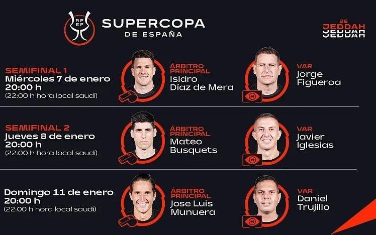 西超杯裁判：德梅拉执法巴萨vs毕包，布斯克茨执法马德里德比