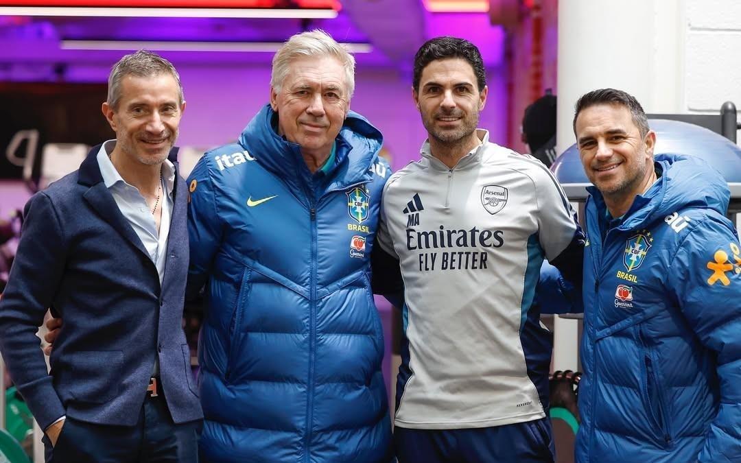 巴西队在阿森纳基地训练，安切洛蒂与阿尔特塔会面并合影