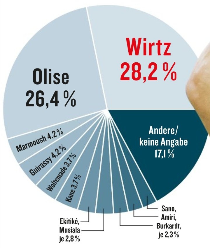 《踢球者》票选德甲赛季最佳球员：维尔茨28.2%当选，奥利塞第二