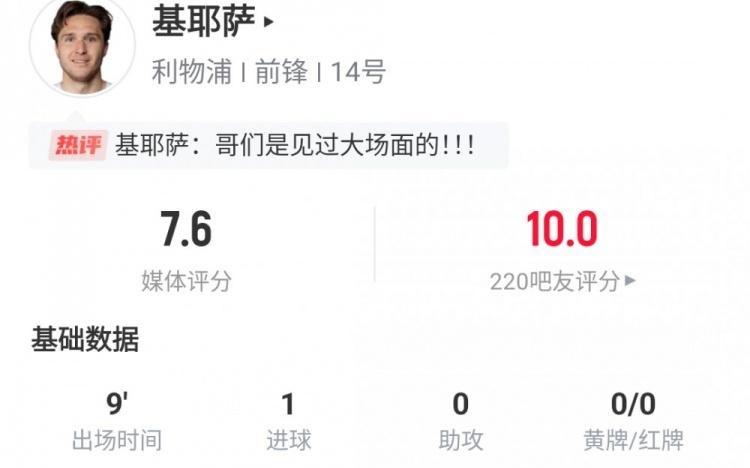 收获英超首球！小基耶萨数据：第82分钟登场，1次射门完成绝杀