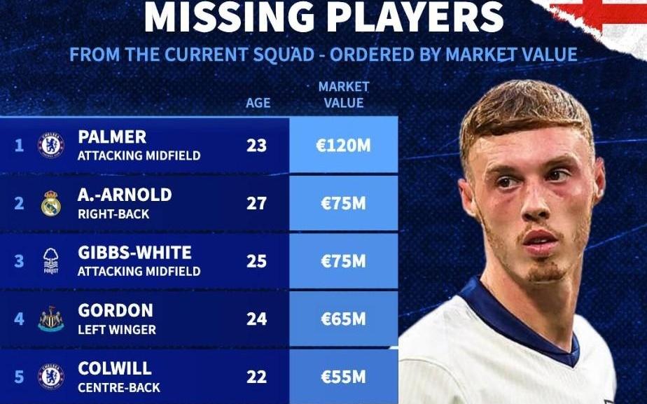 此次未入选英格兰队身价前10：帕尔默