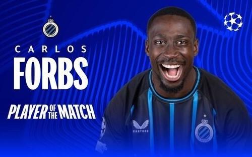 战巴萨贡献2球1助，布鲁日前锋福布斯当选欧冠全场最佳球员