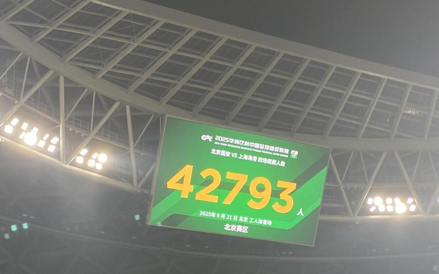 焦点战,国安vs海港一役现场观众为42793人