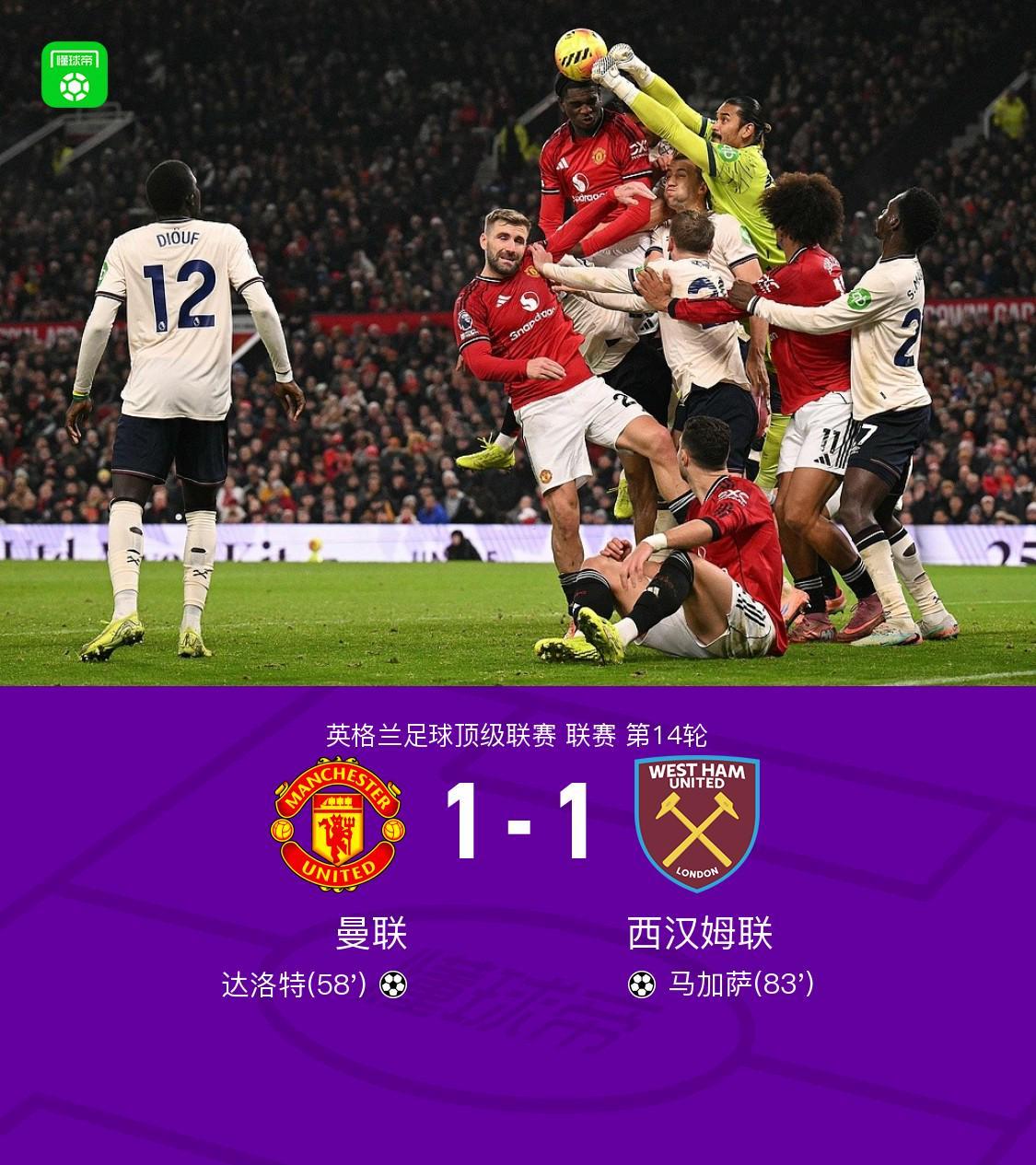 剑南春曼联11遭西汉姆联逼平，达洛特破门，马加萨救主