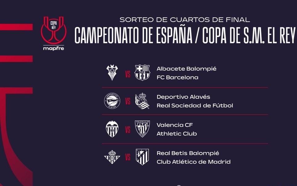 国王杯八强对阵：阿尔瓦塞特vs巴萨，贝蒂斯vs马竞