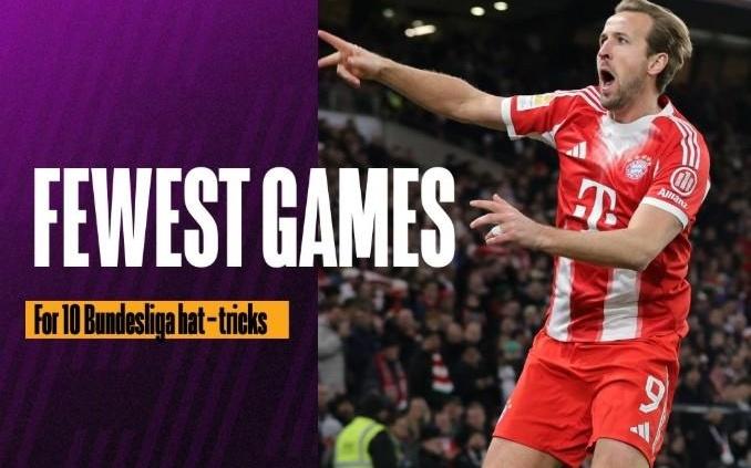 德甲最快10次帽子戏法排名：凯恩76场居首，盖德穆勒161场