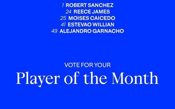蓝军月最佳候选：桑切斯、詹姆斯、凯塞多、埃斯特旺、加纳乔