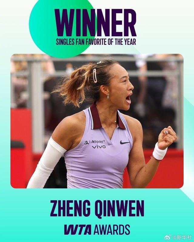 郑钦文蝉联WTA最受球迷欢迎单打球员